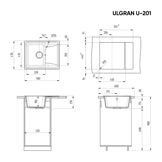 Кухонная мойка ULGRAN U-201-308 черный